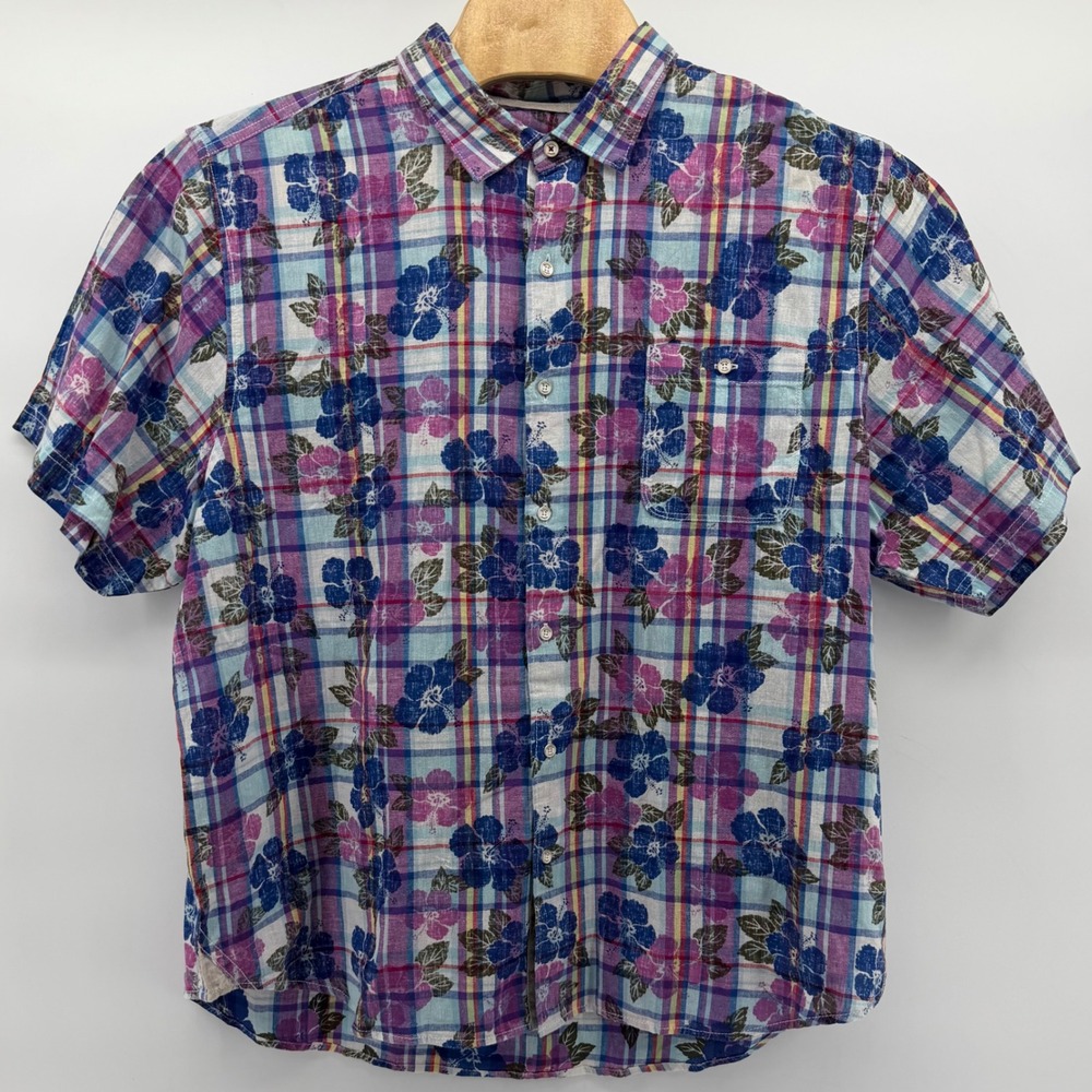 Tommy Bahama Shirt Mens XXL Multicolor Pastino Plaid Floral Linen Cotton - Picture 2 of 8